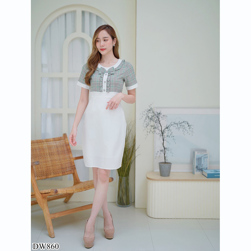 kudapy เดรสสั้นสีขาว/สีเหลือง/สีดำ เดรสทำงานลายสก็อตมีกระดุมกลางอก