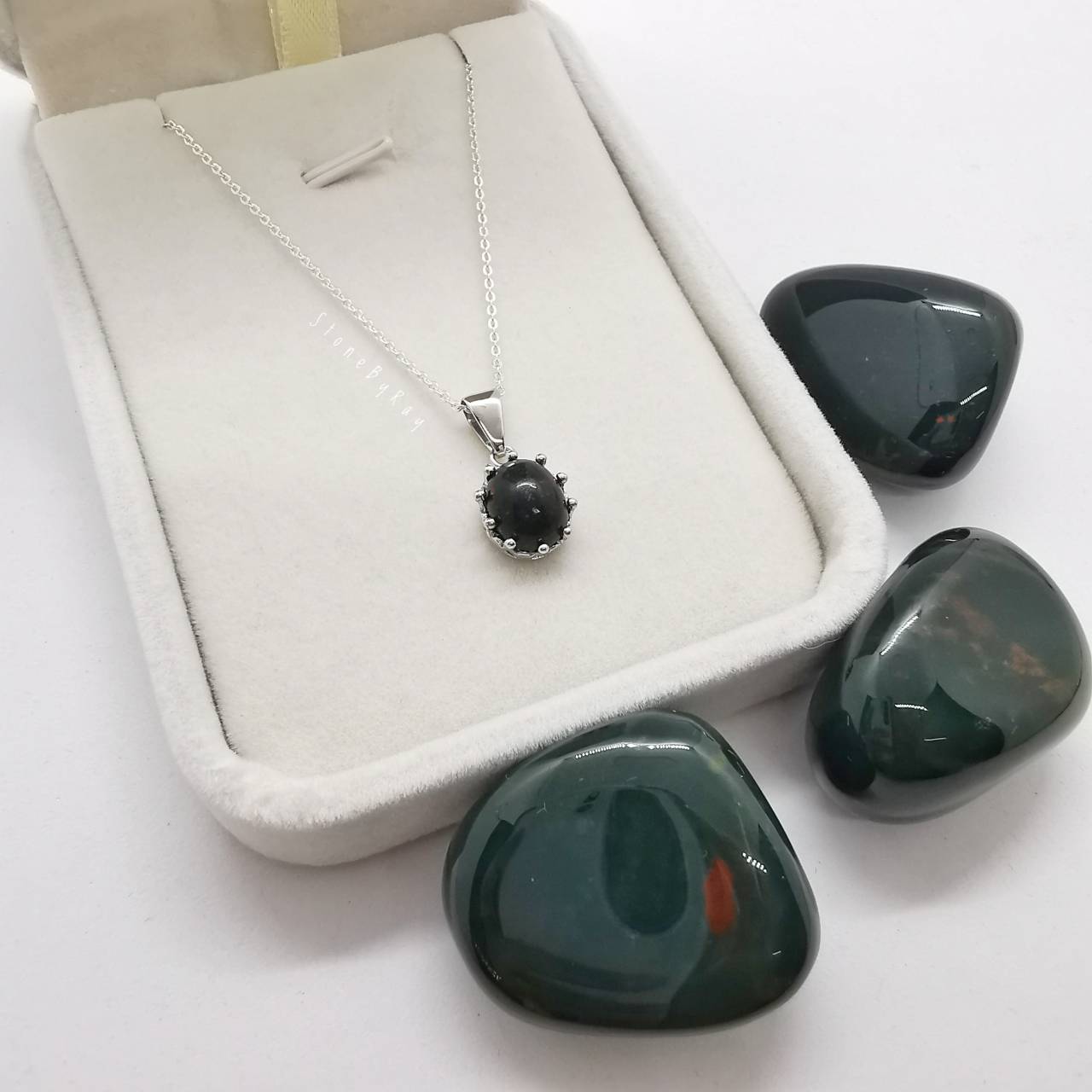 สร้อยคอเงินหินบลัดสโตน(หินเลือด) Bloodstone