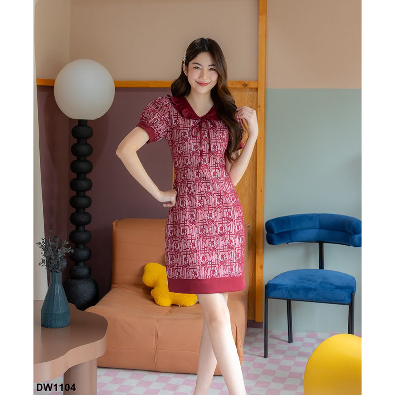 kudapy เดรสสั้นสีครีม/สีฟ้า/สีแดง ลูกไม้กะลาสีผูกโบว์