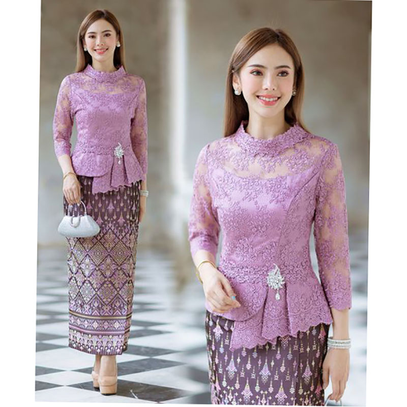 kudapy เสื้อผ้าลูกไม้สีขาว/สีม่วง/สีน้ำตาล มีซิปหลังสวมใส่ง่าย+ผ้าถุงงานทอลายละเอียดทั้งตัว