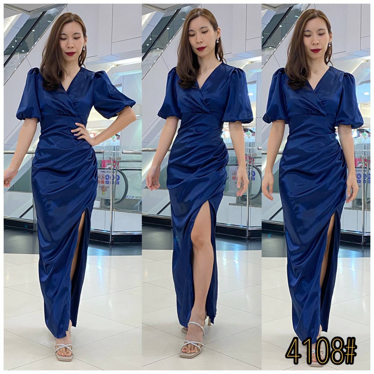 kudapy เดรสยาวสีกรมท่า/สีโรสโกลด์/สีพิ้งค์โกลด์/สีฟ้า/สีเขียวเบจ เนื้อผ้า ดัชเชสอัดกาว เงาสว คอวี แขนสั้น ใส่ออกงานสวยดูดี