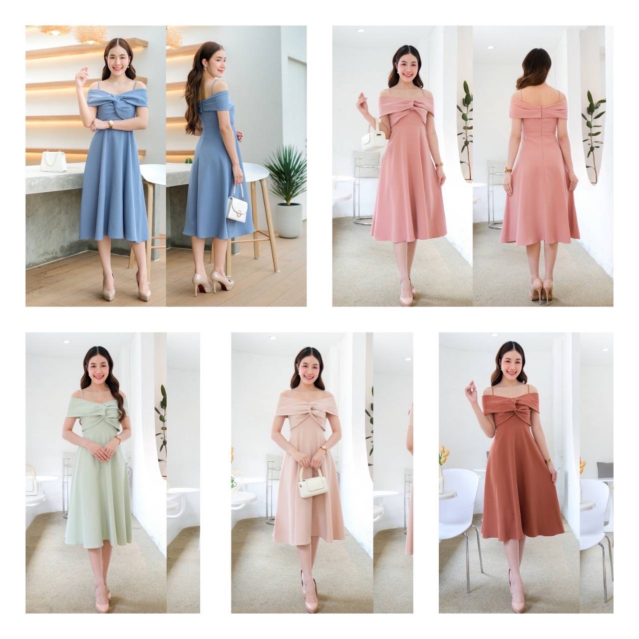 kudapy เดรสสั้นสีชาไทย/สีครีม/สีเขียวมิ้น/สีชมพูเปิดบ่า ดีเทล อกปมไขว้พรางต้นแขน มีสายให้ ไม่ต้องกลัวหลุด ใส่เปิดบ่า หรือใส่เป็นสายเดี่ยวก็น่ารัก