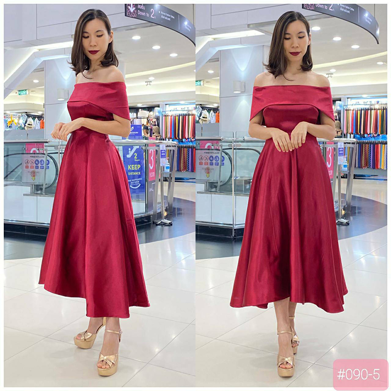 kudapy เดรสเปิดบ่า พับอก หน้าสั้นหลังยาวสีกรม แดงไวน์ ครีมทอง คอปเปอร์ อัดกาวเก็บทรงสวย สามารถยืดหยุ่นได้