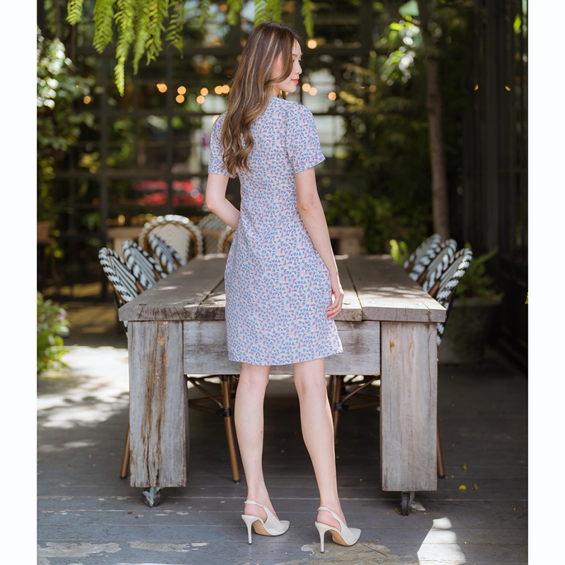 kudapy เดรสสั้นคอปกลูกไม้สีกรม/สีชมพู/สีเหลือง เดรสทำงานลายดอกปกลูกไม้