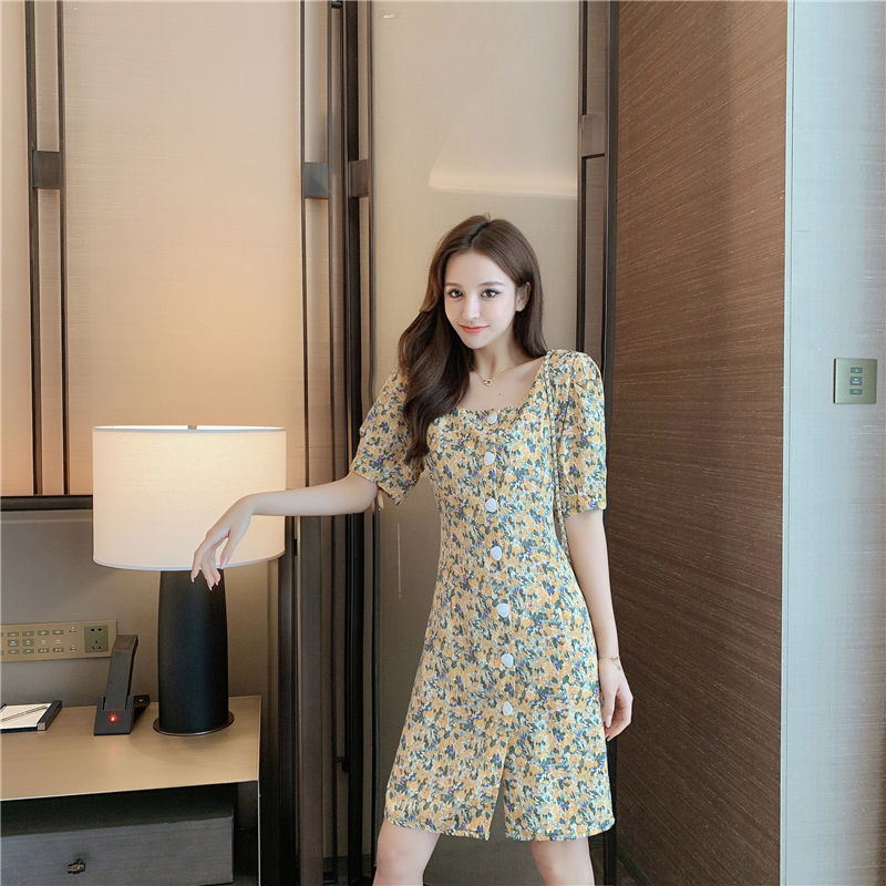 kudapy ชุดเดรสสีม่วง,สีเหลืองมัสตาร์ดใส่ทำงาน ผ้าโพลีเอสเตอร์ผสม พิมพ์ลายดอกไม้