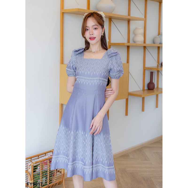 kudapy เดรสสั้นสีเทา/สีส้ม ทรงบานแต่งโบว์ไหล่ 2 ชั้น