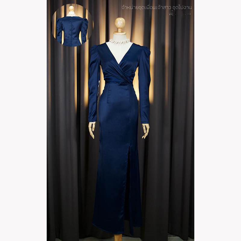 kudapy เดรสยาวสีกรม/สีเขียว/สีแดง อกไขว้วี แขนตุ๊กตายาว จับจีบเอว กระโปรงทรงสอบ ผ่าหน้าเดินสะดวก เนื้อผ้าโพลีผสม spendex