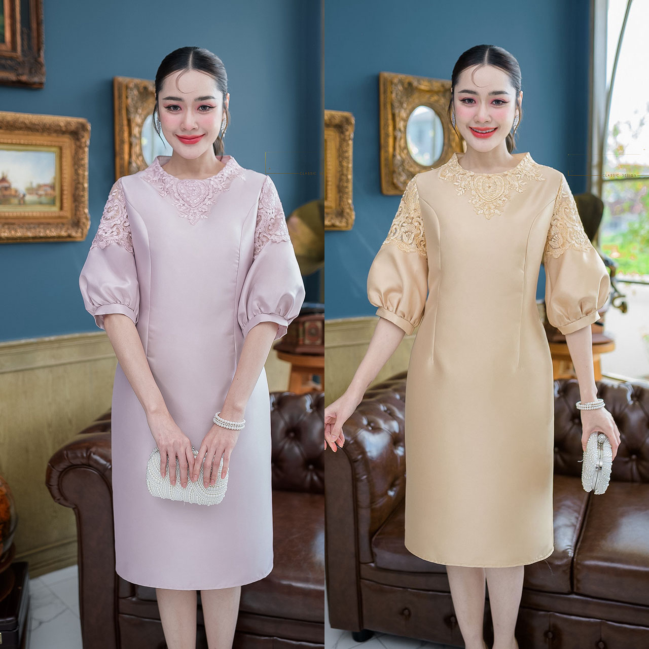 kudapy เดรสสั้นสีชมพูอ่อน/สีเหลืองทอง ผ้าไหมแขนบอลลูน ทรงแขนยอดนิยม รอบคอแต่งลูกไม้สวยหวาน ช่วงแขนด้านบนต่อผ้าลูกไม้สลับผ้าไหม