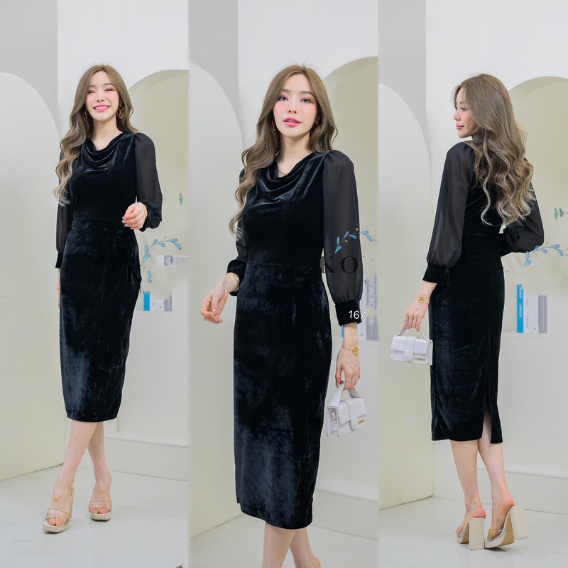 kudapy เดรสสี/สีกรม/สีแดง/สีเขียว กำมะหยี่ แขนยาวแต่งแขนชีฟอง คอถ่วงผ่าหลังเรียบหรู ไฮโซและให้ลุคกึ่งทางการ