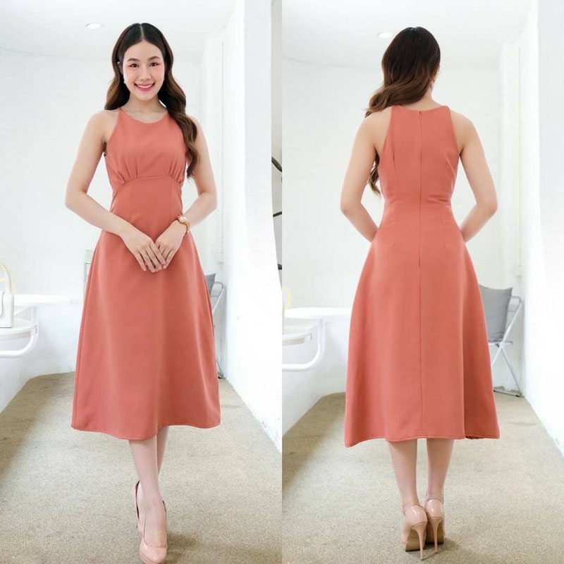 kudapy เดรสสั้นสีชมพู ครีม ฟ้า ชาไทย ผ้าบาร์บี้ เนื้อดี ยืดหยุ่น คัตติ้ง เอวสูงปรี๊ด จีบใต้อก กระโปรงบานตีเกร็ดเอว