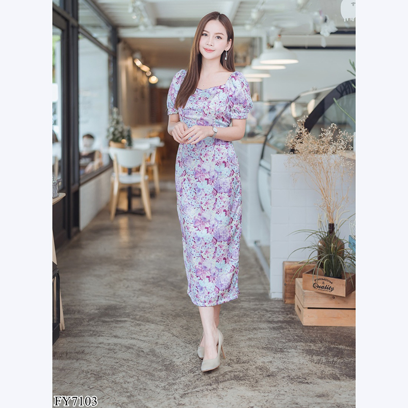 kudapy เดรสยาวสีเหลือง/สีม่วง เกาหลีแขนย่น สวยใส่สบายดูดี