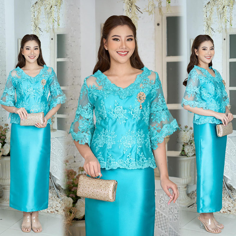 kudapy ชุดเซทสีเขียวน้ำทะเล ผ้าไหมญี่ปุ่นเนื้อหนา เสื้อคอวีแต่งลูกไม้เนื้อนิ่ม แขนระบาย เย็บไล่ความยาวให้ทรงแขนเสื้อเก๋