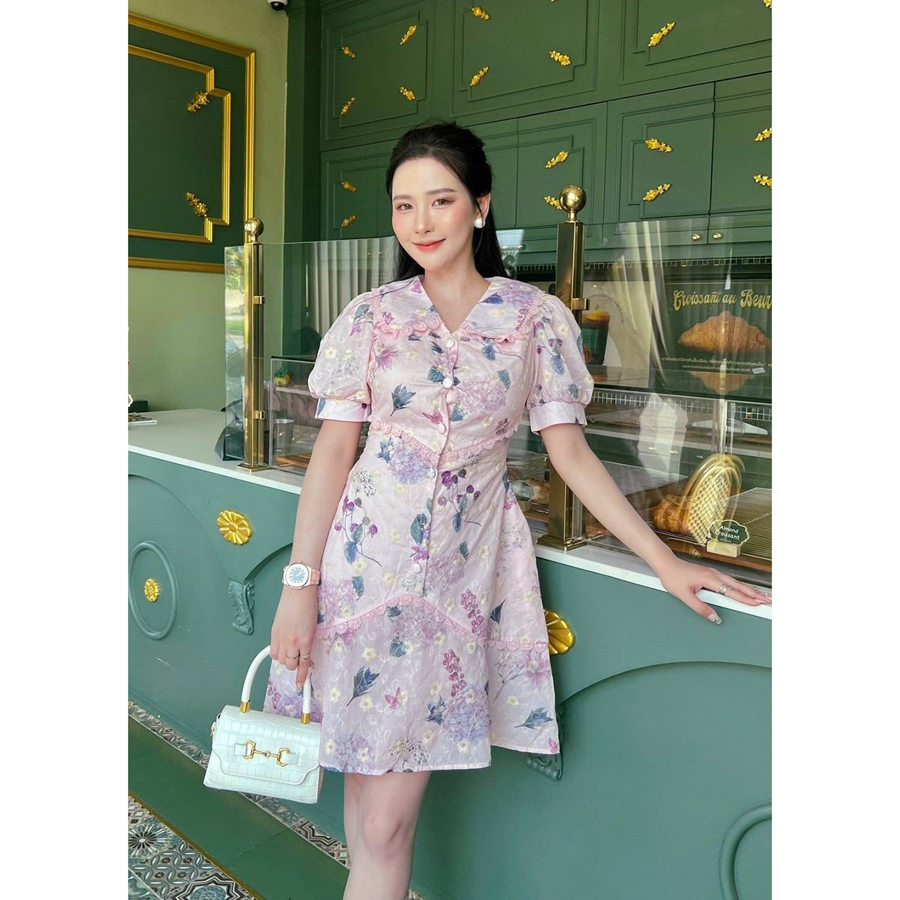 kudapy เดรสสั้นสีเขียว/สีชมพู/สีม่วง งานปัก ลูกไม้ฉลุ ผ้าดีมาก ใส่สบาย เรียบหรูไฮโซ ใส่เที่ยว