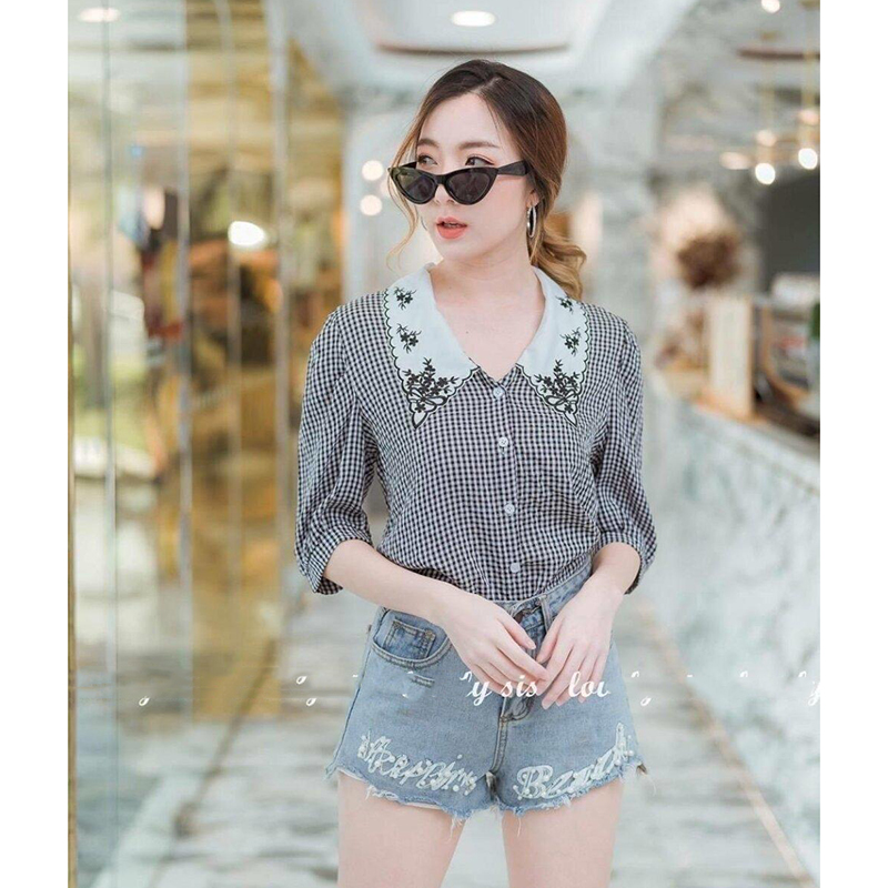 kudapy เสื้อลายสกอตแขนศอกสีขาวดำ แต่งปกปักลาย งานน่ารักมาก