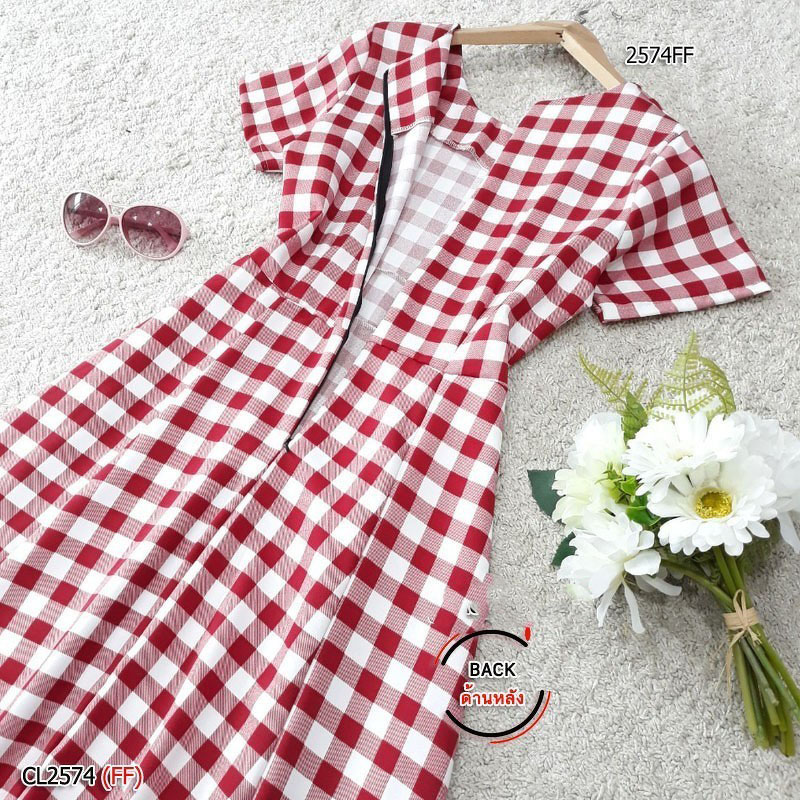 kudapy เดรสยาว/สีดำ/สีแดง/สีกรม ผ้าทอลายสก็อต แขนสั้น ชุดนี้ผ้าทอละเอียดเนื้อนิ่ม