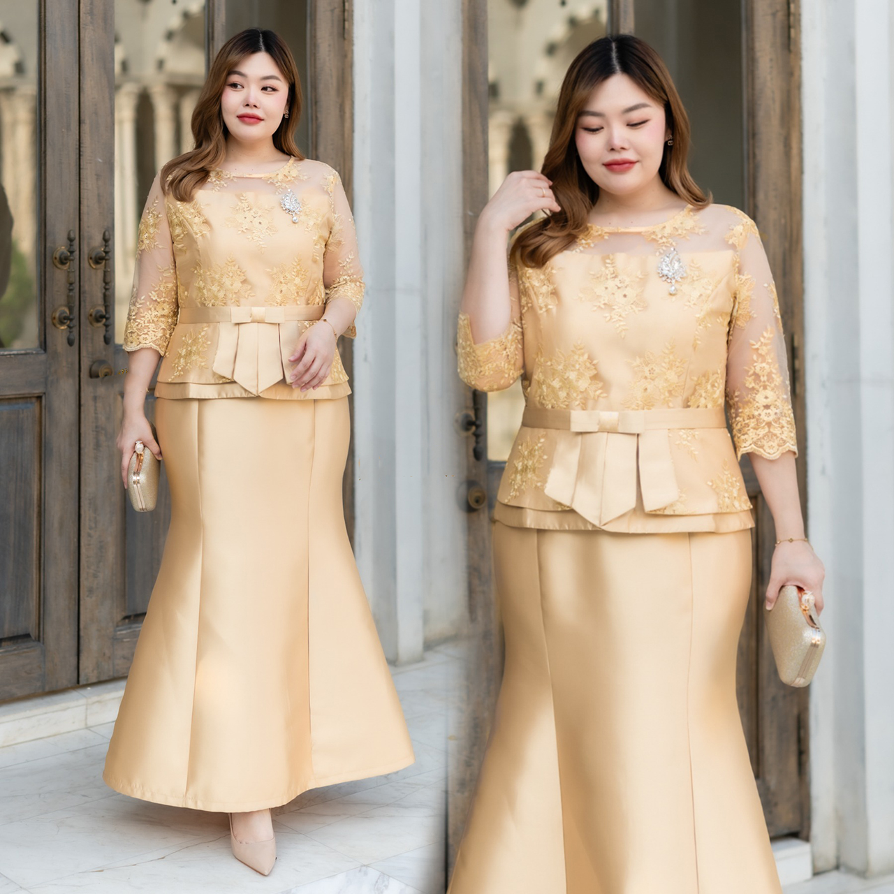 kudapy เดรสงานชิ้นเดียวไหมอิตาลีเนื้ออยู่ทรง ผ้าไหมอิตาลีทอสี่เส้นประดับด้วยผ้าลูกไม้เกรดพรีเมี่ยม