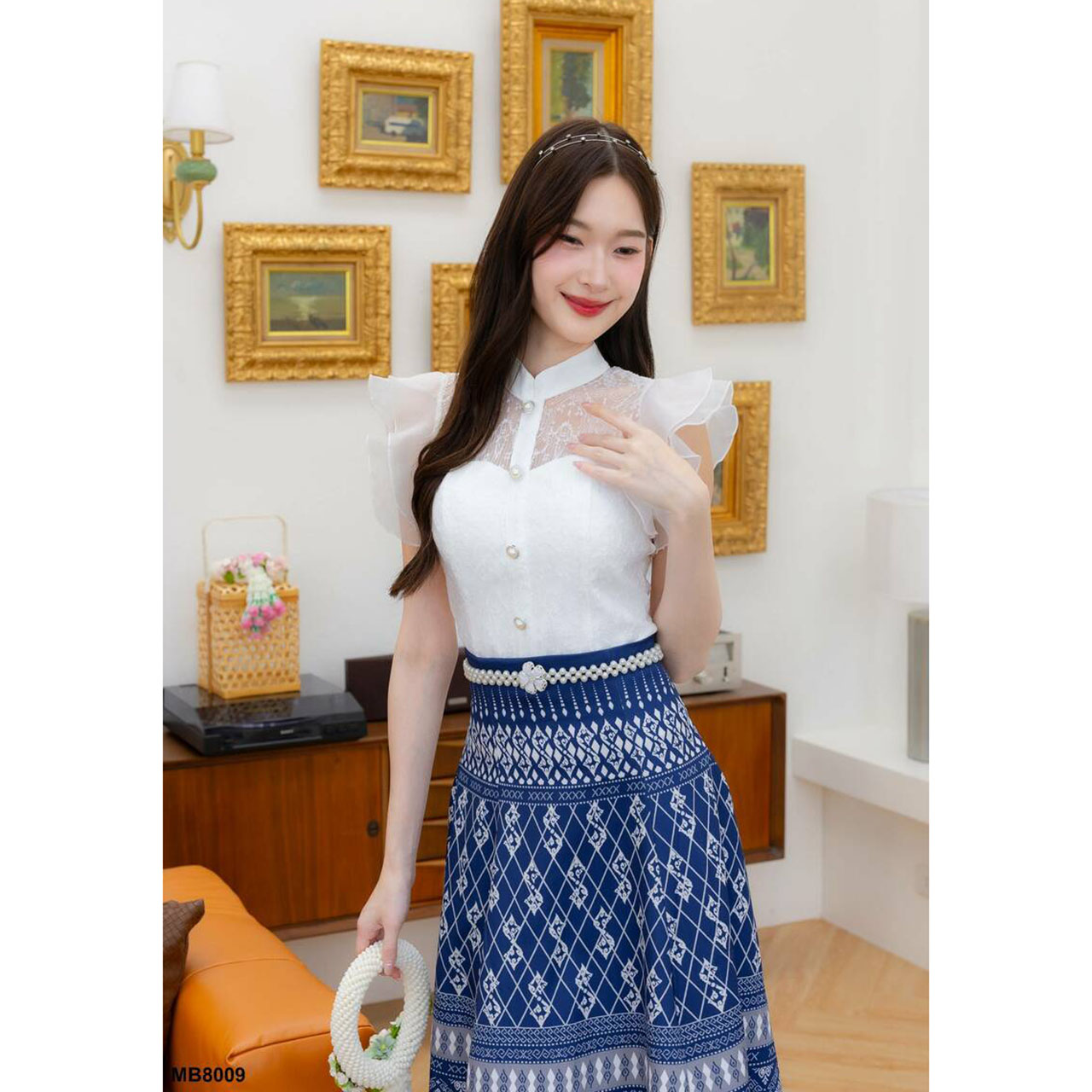 kudapy เดรสสั้นสีชมพู/สีกรม ผ้าลูกไม้ผ้าไทยกระดุมหลอก เสื้อลูกไม้สวยดูดี