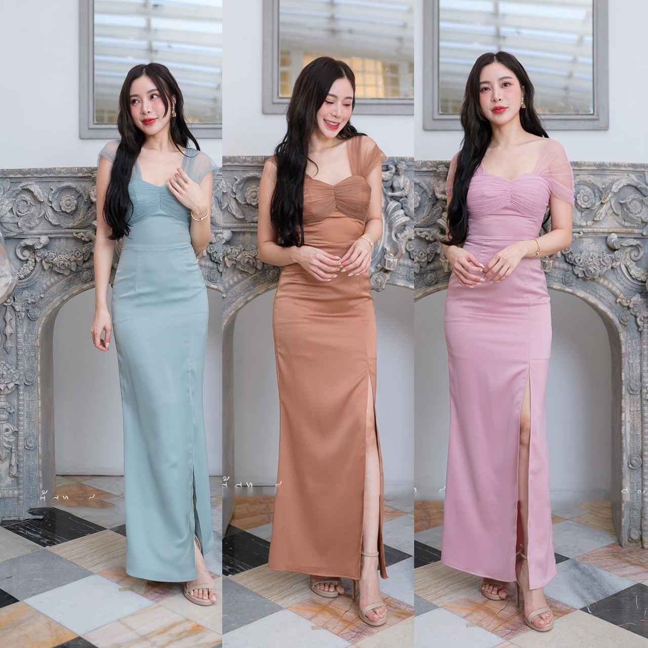 kudapy เดรสยาวสีน้ำตาลคาราเมล/สีเขียวพาสเทล/สีชมพู ไกล่แต่งผ้าซีทรู กระโปรงผ่าหน้า เดรสยาวออกงาน