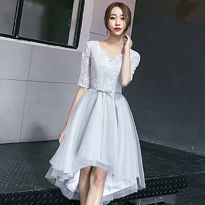 kudapy ชุดราตรีหน้าสั้นหลังยาวสีเทา คอวี แขนสองส่วน กระโปรงทรงบาน