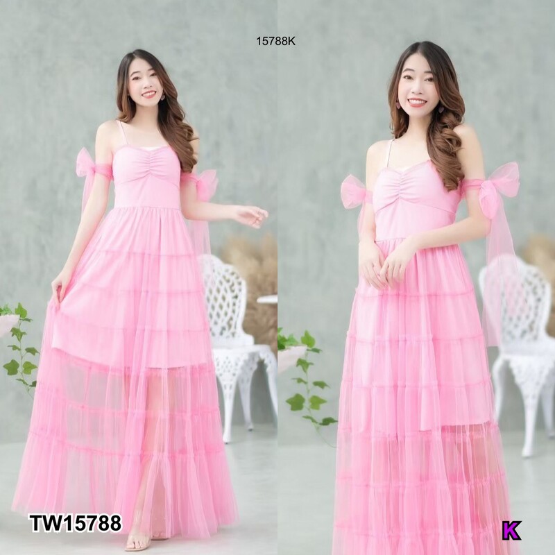 kudapy แม็กซี่เดรสสายสีชมพู น้ำตาล เขียว แดง เดี่ยวตาข่ายทั้งชุด มีซับใน มีสม็อคหลัง ดีแขนแขน 2 ข้าง ผูกโบว์ สีพื้น