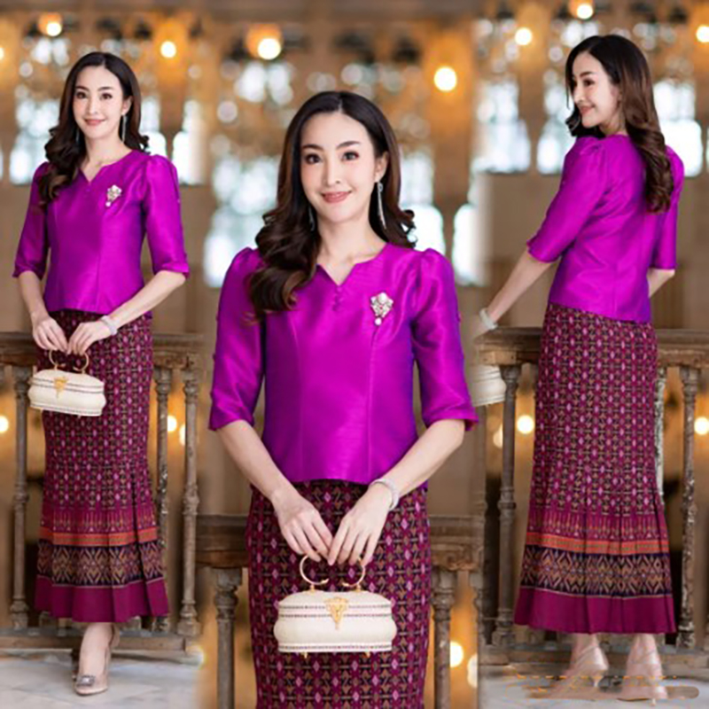 kudapy เสื้อผ้าไหม เขียวมรต บานเย็น ชมพูกลีบบัว แขน 4 ส่วนแต่งกระดุมด้านข้าง เอวปล่อย ชุดไทยประยุกต์