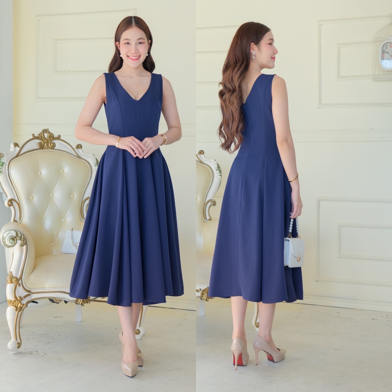 kudapy เดรสยาวผ้าเครปเกาหลี เนื้อดี คัตติ้งเอวสับ ช่วงตัวไม่ต่อเอวแต่เย็บตีเกร็ดข้าง พรางหน้าท้อง กระโปรงบาน