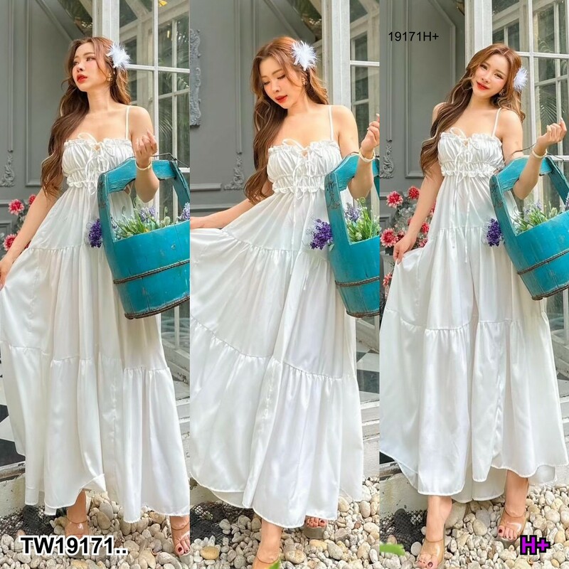 kudapy เดรสยาว สายเดี่ยว กระโปรงยาวบานละมุนละไม ตัวกระโปรงระบายต่อกันเป็นชั้นๆ