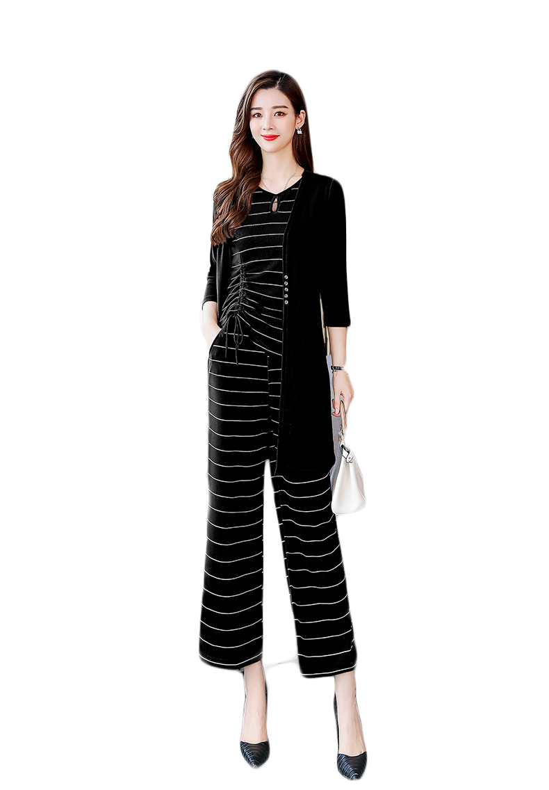 kudapy ชุด set 3 ชิ้นสีดำ เสื้อ+กางเกง+เสื้อคลุมแขนยาว ลายทาง