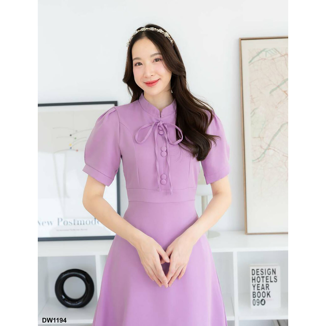 kudapy เดรสสั้นสีฟ้า/สีม่วง/สีชมพู กระโปรงบานผ้าพื้นผูกคอ