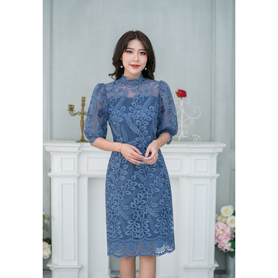 kudapy เดรสสั้นลูกไม้สีฟ้าคราม/สีชมพูอ่อน/สีชมพูบานเย็น เดรสคอจีน แต่งแขนพองบอลลูนสีส่วน