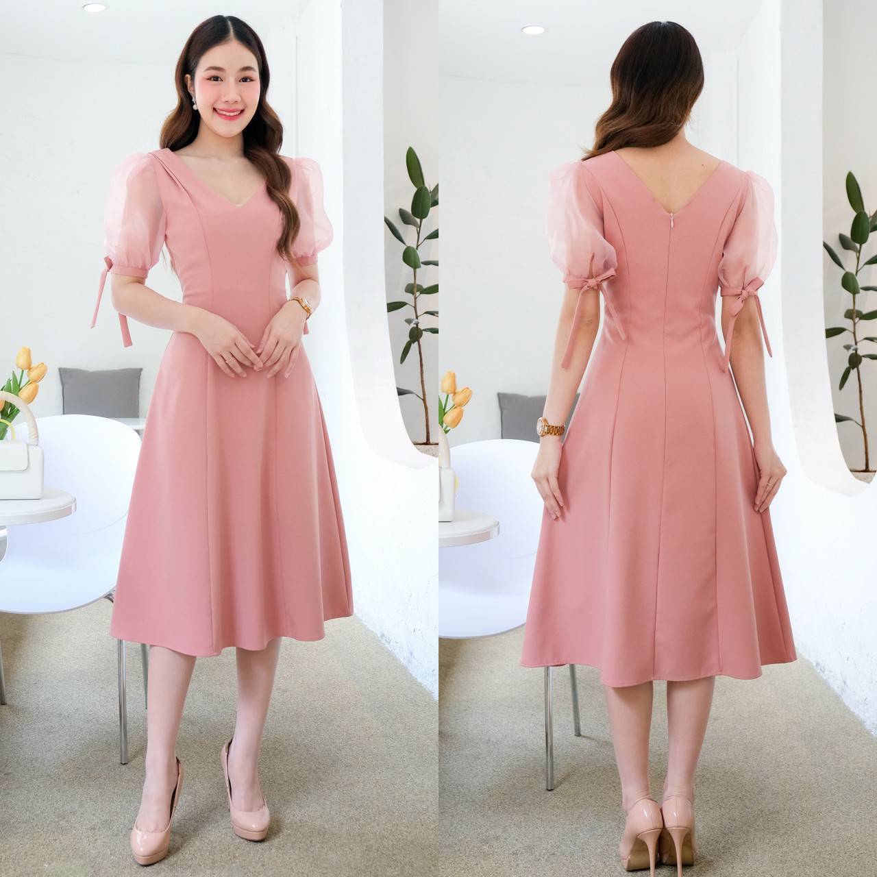 kudapy เดรสสั้นไปงานคอวีสีครีม สีขาว สีชมพู สีส้มอิฐ แขนตุ๊กตาผ้าแก้ว แต่งโบว์แขนเล็ เอวสูง ชายปล่อบทรง