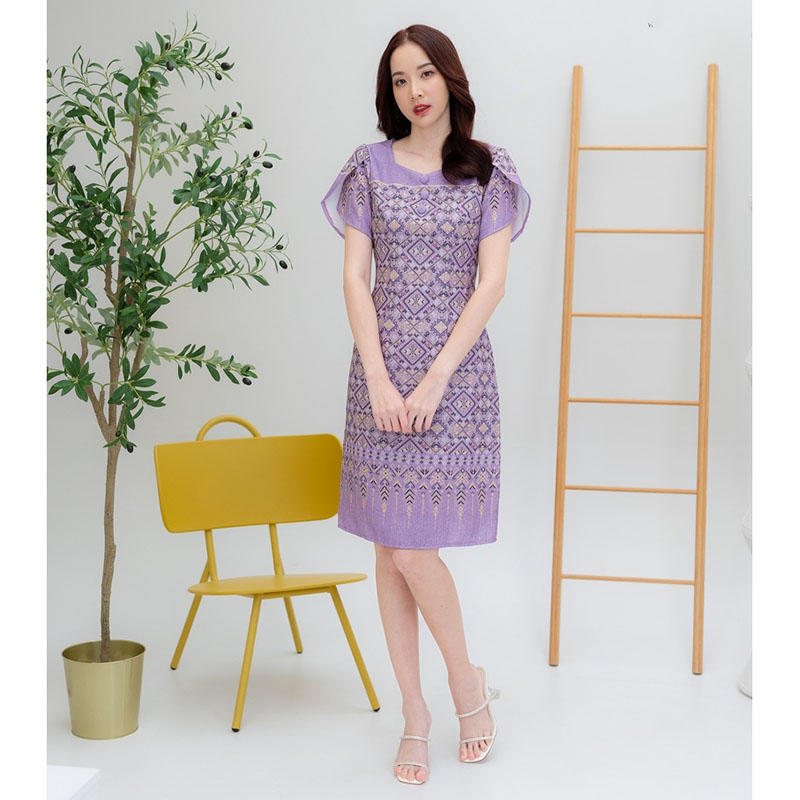 kudapy เดรสสั้นสีฟ้า/สีชมพู/สีม่วง ผ้าลายไทยแขนกลีบบัว
