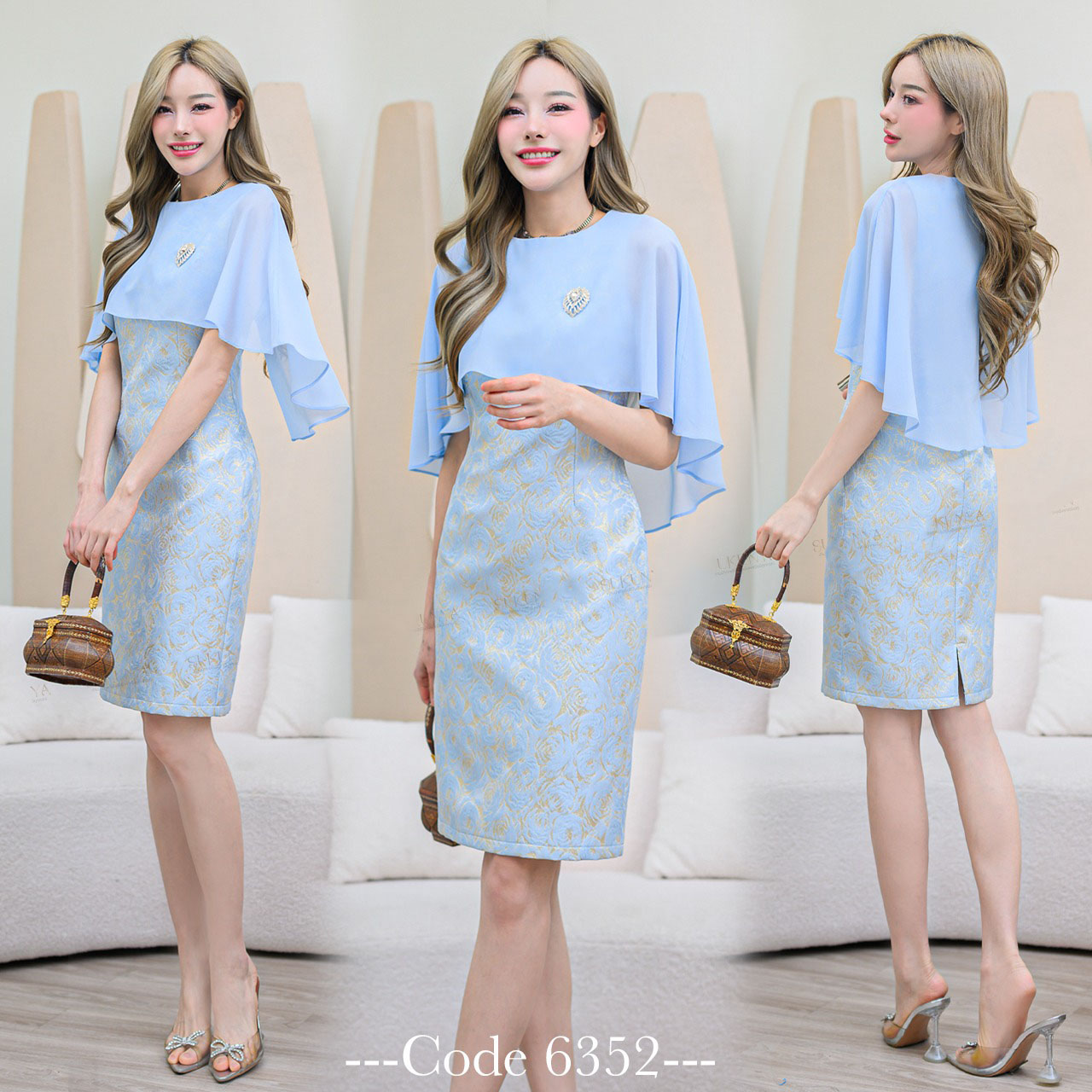 kudapy เดรสสั้นสีชมพู/สีฟ้ ผ้าJacquardลายนูน เนื้อดี อัดกาวมีซับในทั้งชุด กระโปรงผ่าหลังเล็กน้อย มีซิปหลัง