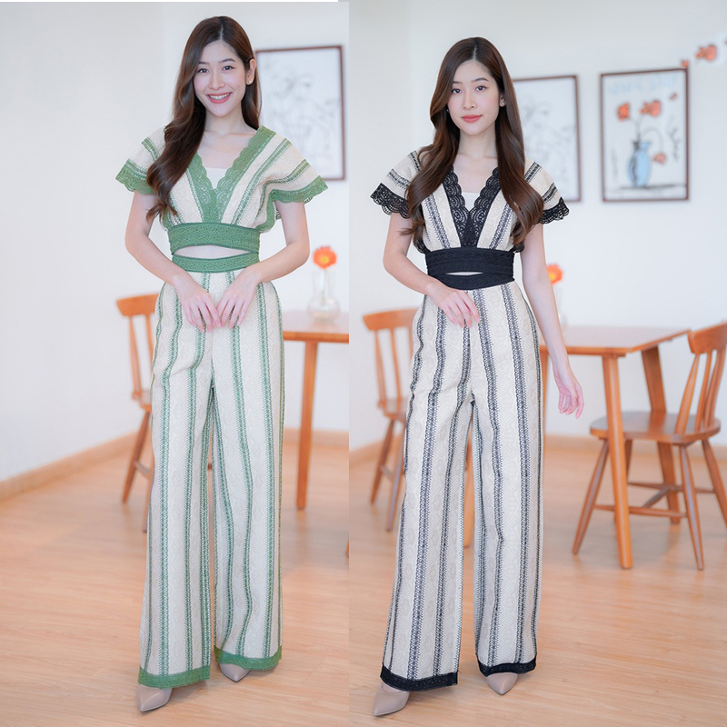 kudapy เซ็ต2 ชิ้น ขายาว ผ้าลูกไม้แขนกุด + กางเกงขายาว สีดำ/สีเขียว ใส่เที่ยว ใส่สบายสวยดูดี