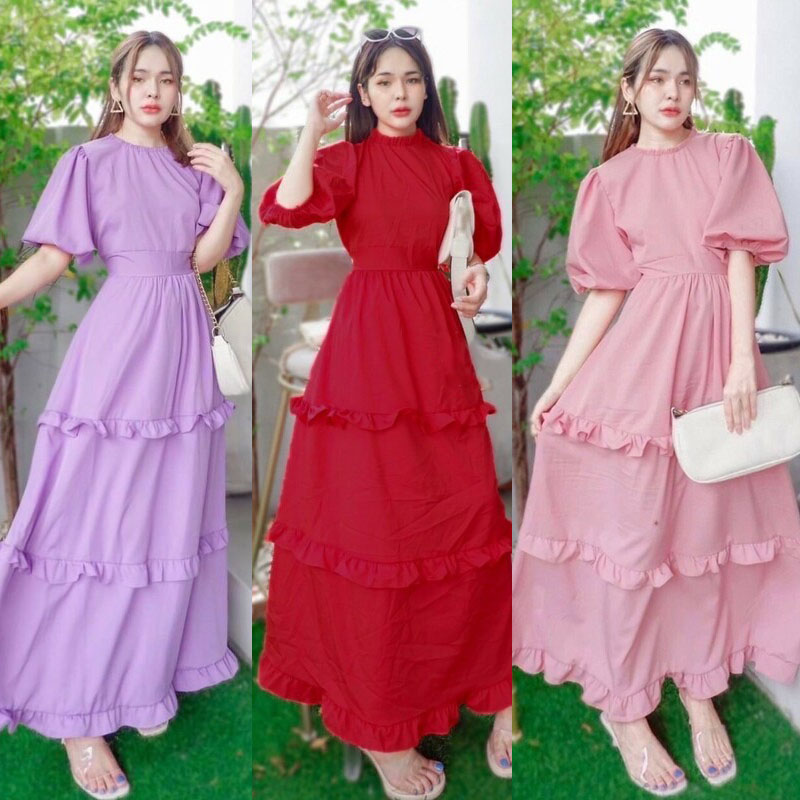 kudapy แม็กซี่เดรสยาว แขนพองผูกคอหลัง มีผูกเอว ผ้าไหมอิตาลี่สีพื้น แต่งระบาย 3 ชั้น