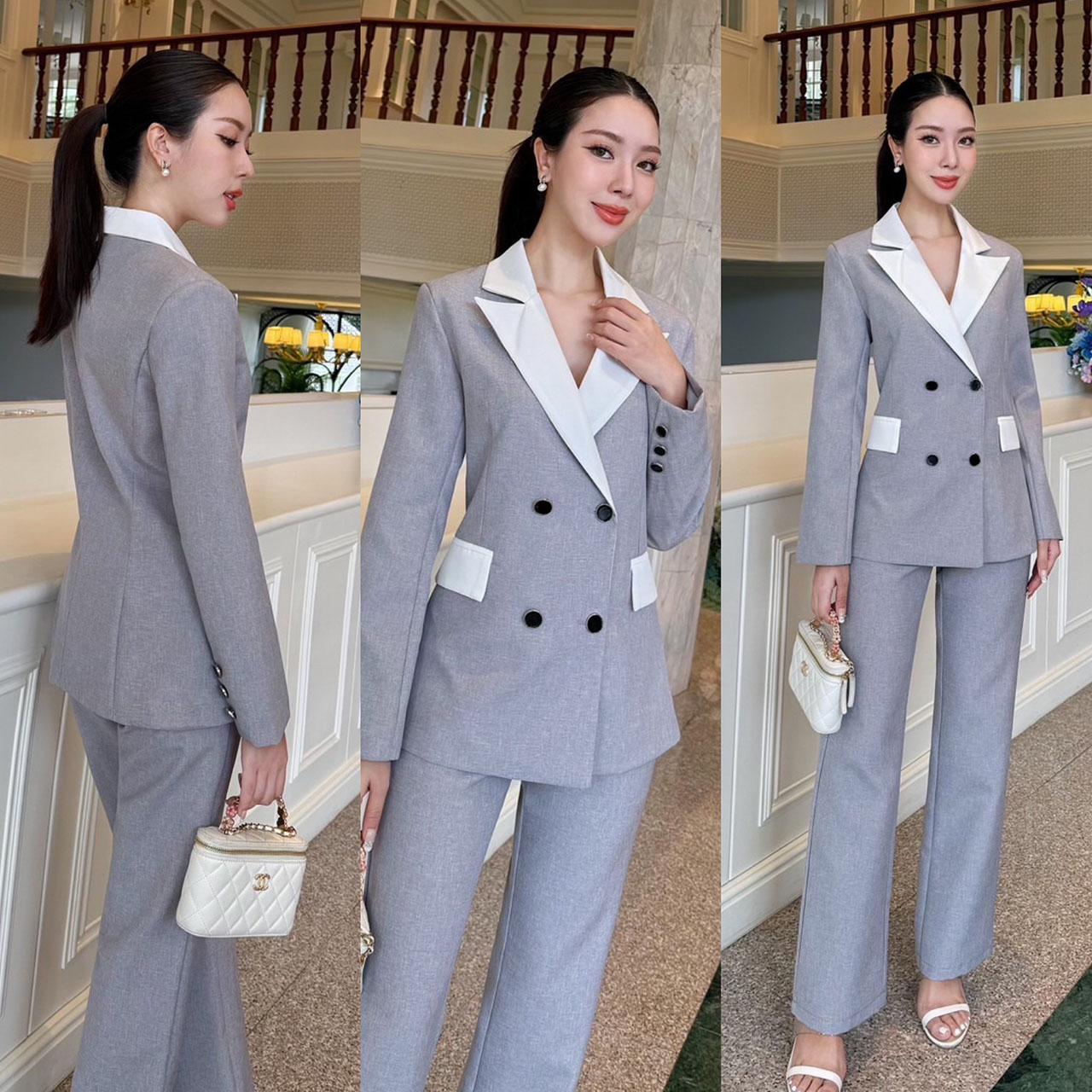 kudapy เซ็ทสูท สวยคลาสสิค ไซน์ทรงทันสมัย เพิ่มความหรูหราด้วยการแต่งสีทูโทน เสื้อแต่งกระดุมด้านหน้า 4 เม็ด มีซับในทั้งชุด เข้ารูปสวย