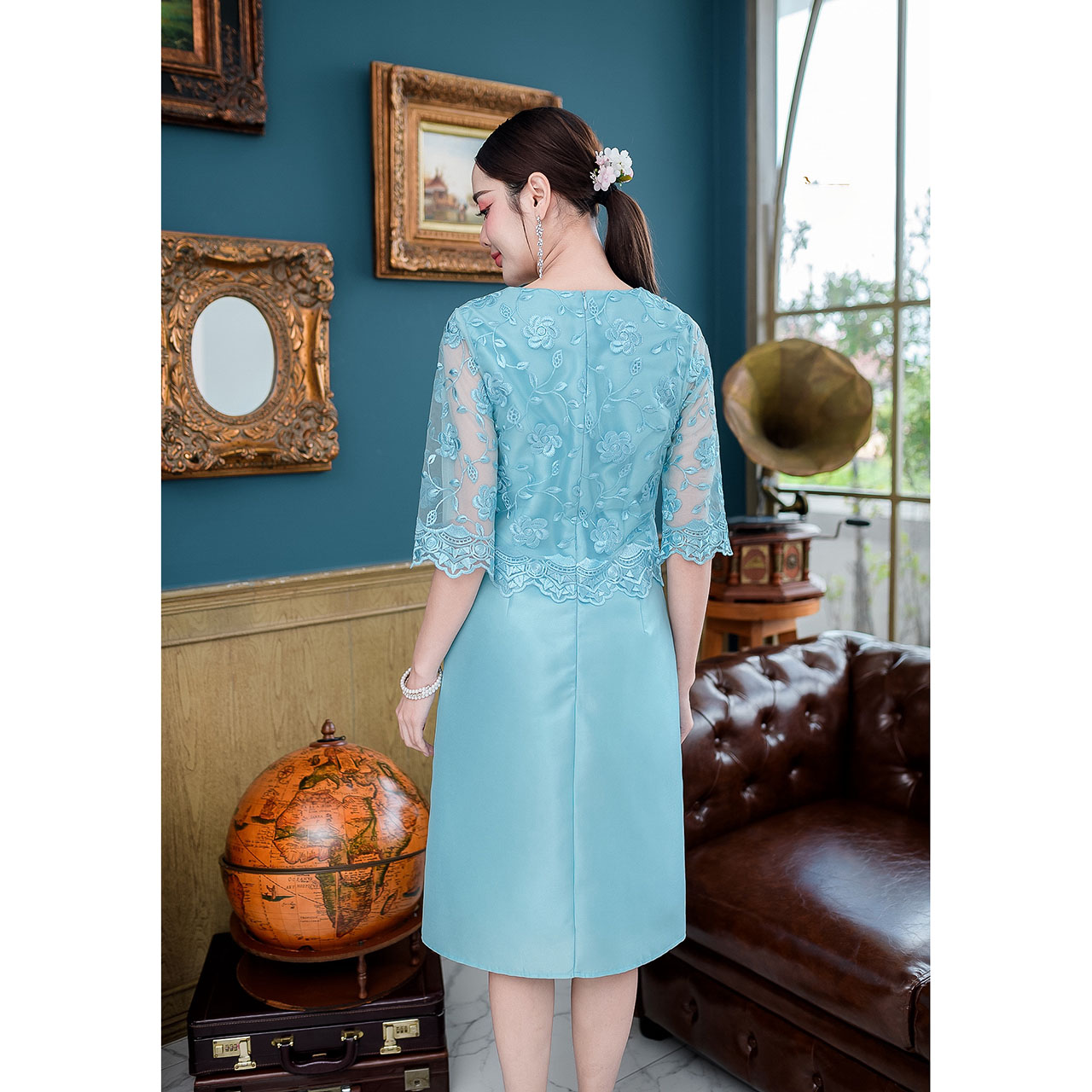 kudapy เดรสสั้นสีชมพู/สีฟ้า ผ้าไหม ผ้าตาข่ายปักลายดอกไม้ งานดี สวยมีซับในทั้งชุด