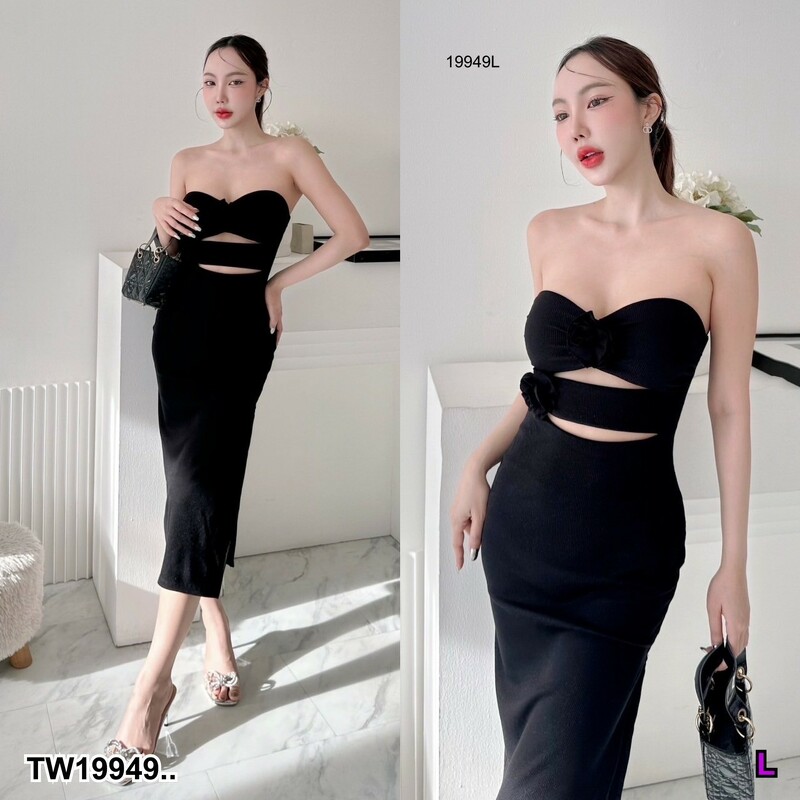 kudapy แม็กซีเดรส เดรสเกาะอก ผ่าข้าง แต่งด้วยดอกไม้ มีเสริฟองน้ำ ดีเทลดีงาม ผ้าเป็นผ้าร่องตัวถักวิ้ง