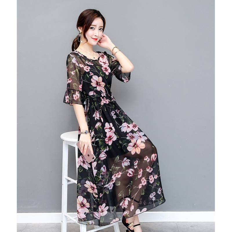 kudapy เดรสยาวสีดำ ผ้าชีฟองพิมพ์ลายดอกม่วง (มีสายเดี่ยวซับใน) มีเชือกรูดปรับขนาดตรงเอวได้