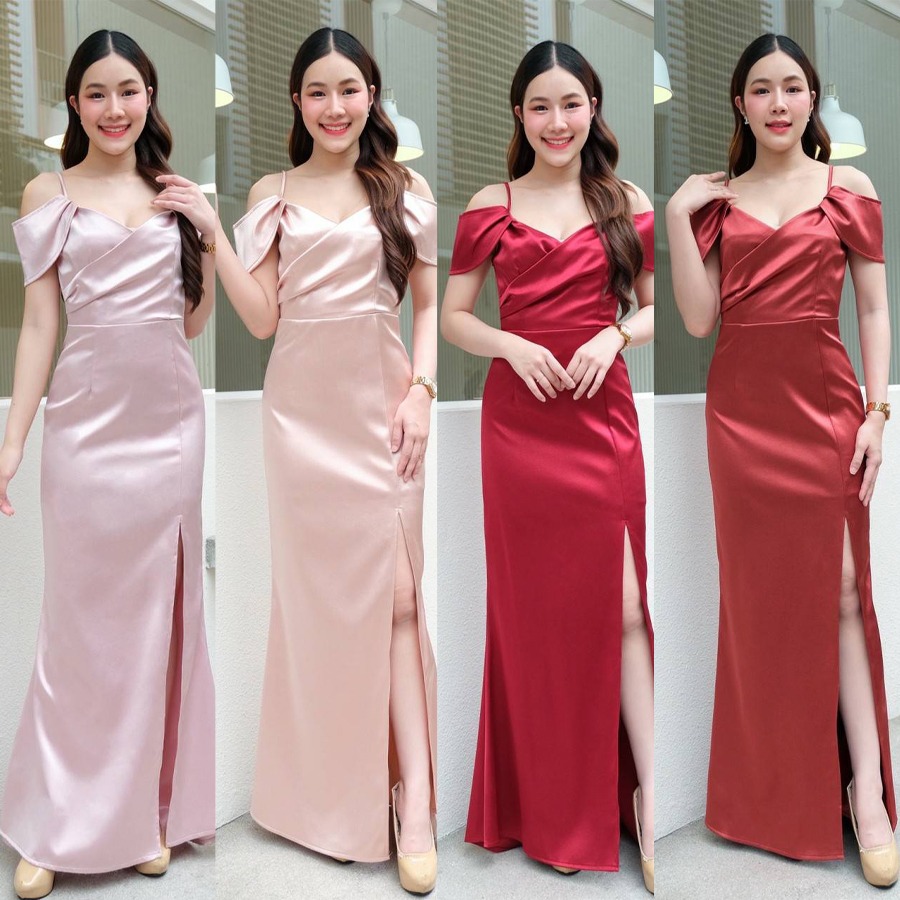kudapy เดรสยาวสายเดี่ยวเปิดไหล่ ปิดแขน ผ่าข้าง สีชมพูโรสโกลด์,สีแดง,ชมพูกลีบบัว,น้ำตาลคอปเปอร์ Maxiผ้าดัชเชสอัดกาว เปิดบ่า รุ่นนี้มีสายให้นะคะ ไม่ต้องกลัวไหล่หลุด