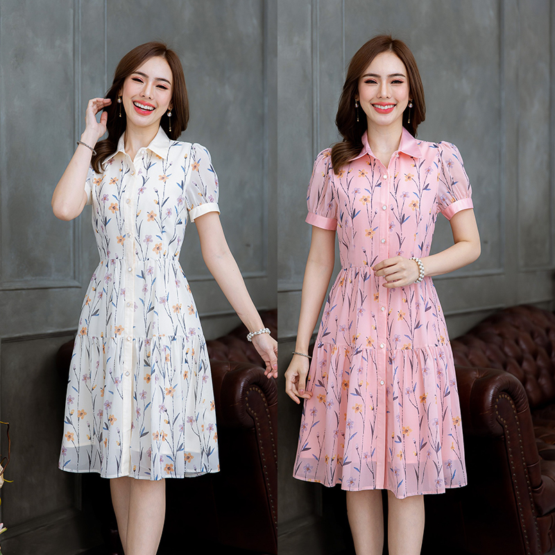 kudapy เดรสสั้นสีครีม/สีชมพู คอปกกระดุมหน้า ผ้าชีฟองลายดอกสวยหวาน แพทเทิร์นสวยเก๋