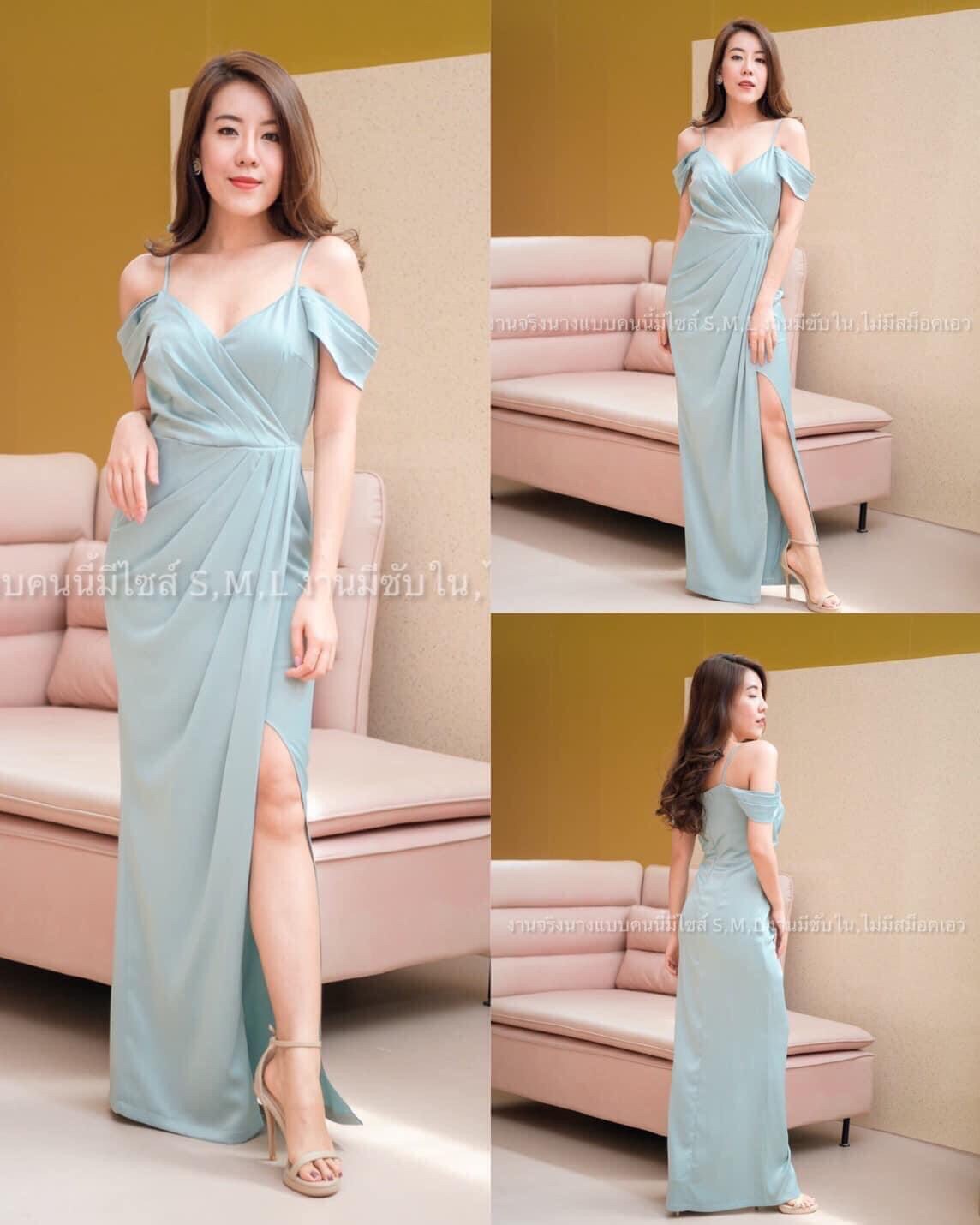 kudapy ชุดราตรียาวเปิดไหล่สายเดี่ยว ปิดแขนคิมเบอรี่ ผ้าเครปซาติน สีชมพูเผือก ,น้ำเงินสด ,กรมอมเทา,เขียวแก่