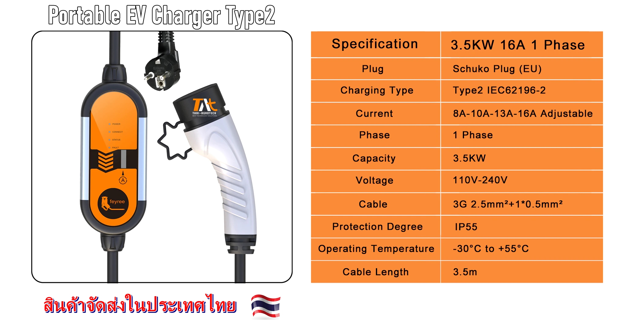 เครื่องชาร์จรถยนต์ไฟฟ้าแบบพกพา EV fast charger สำหรับรถยนต์ไฟฟ้า มีหน้าจอLCDแสดงผล ยี่ห้อ Feyree ปลั๊กเสียบชนิด Type2 กระแส 16A กำลังงาน 3.5kW