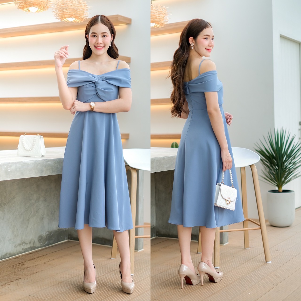 kudapy เดรสสั้นสีกรม/สีฟ้าครามสีชาไทย ผ้าเครปเกาหลีเปิดบ่า ดีเทล อกปมไขว้พรางต้นแขนใส่เปิดบ่า หรือใส่เป็นสายเดี่ยวก็น่ารัก