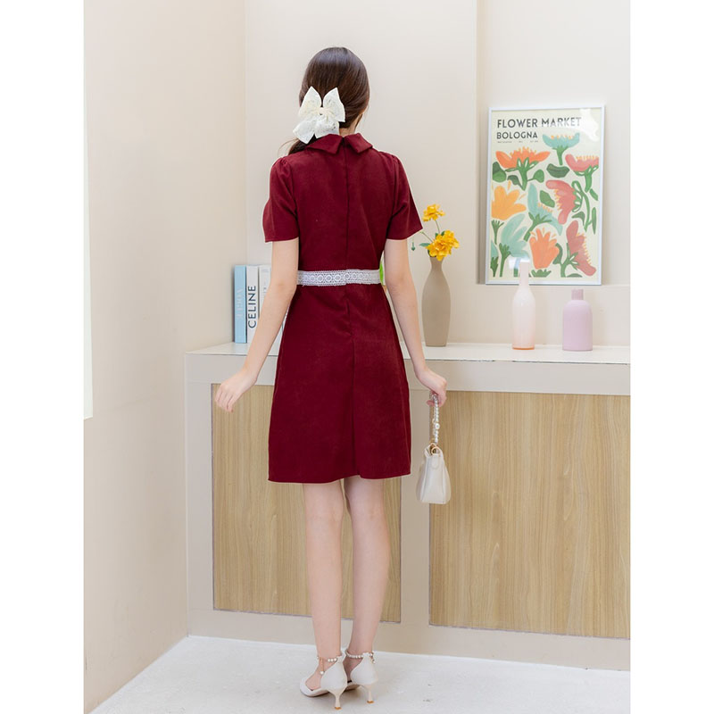 kudapy เดรสสีชมพู/สีแดง/สีดำ พื้นคอปกแต่งกระดุม 4 ชิ้น ใส่สบายสวยดูดีน่ารักมากๆ