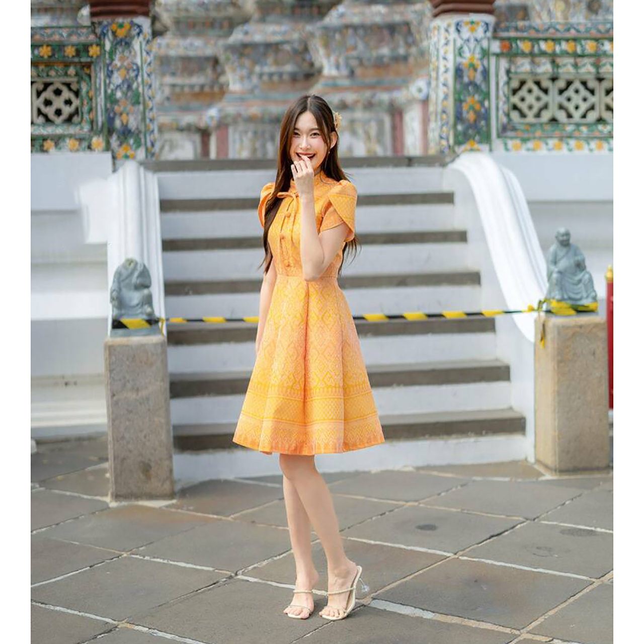 kudapy เดรสสั้นสีม่วง/สีเทา/สีเหลือง เดรสไทยทรงบานแขนกลีบบัว