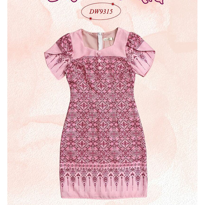 kudapy เดรสสั้นสีฟ้า/สีชมพู/สีม่วง ผ้าลายไทยแขนกลีบบัว