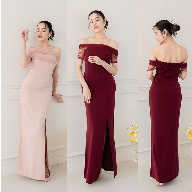 kudapy เดรสยาวสีแดง/สีโอวัลติน แขนกุด จะใส่เปิดไหล่ก็สวย ใส่เป็นแก๊งเพื่อนเจ้าสาว หรือใส่ออกงานก็เริ่ดหมด