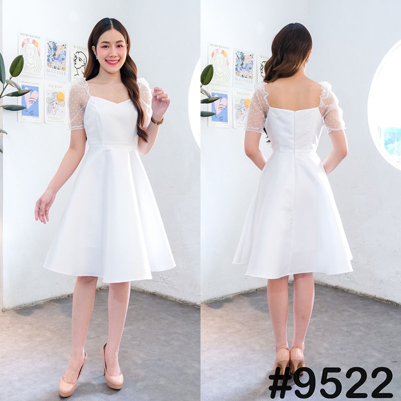 kudapy เดรสสั้นสีขาว ทอง แดง ชมพู กรม เทาเงิน ผ้าแก้วแขนตุ๊กตา