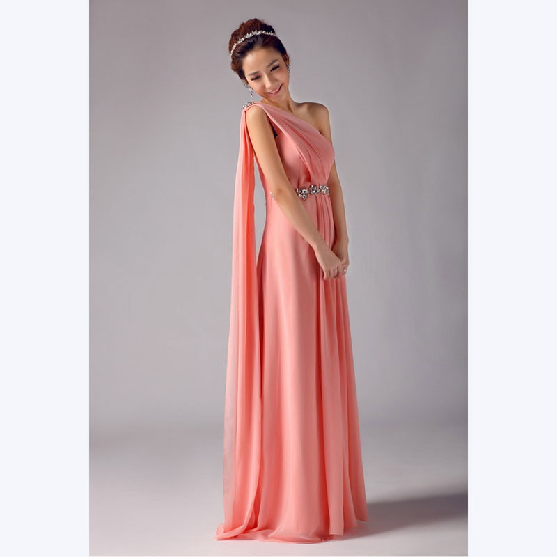 kudapy ชุดราตรียาวสีโอรส ไหล่เดียว จับเตรปสไตล์กรีก คาดคริสตัลช่วงเอว